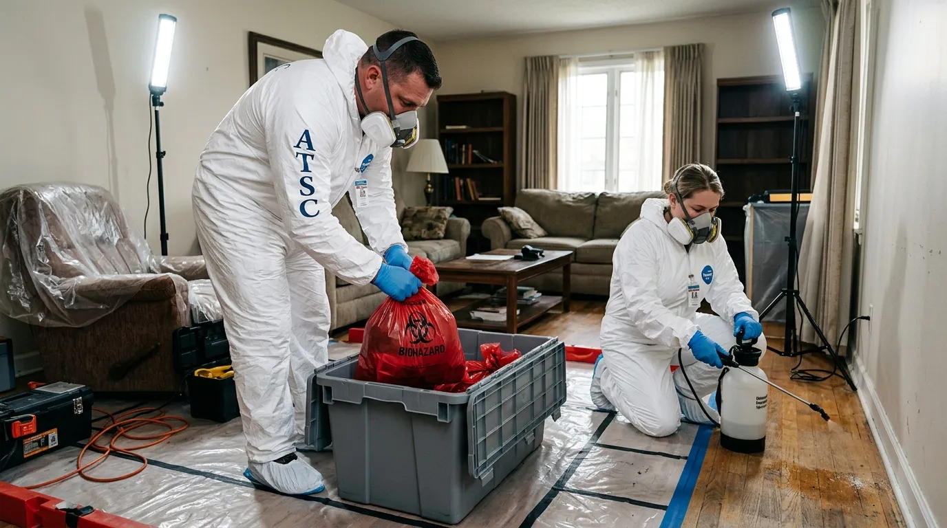 Professional Unattended Death Cleanup technician in full PPE working in St. Louis